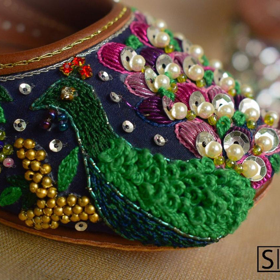 Blue fascinating Khussa with Unique Peacock Design (Genuine Leather)