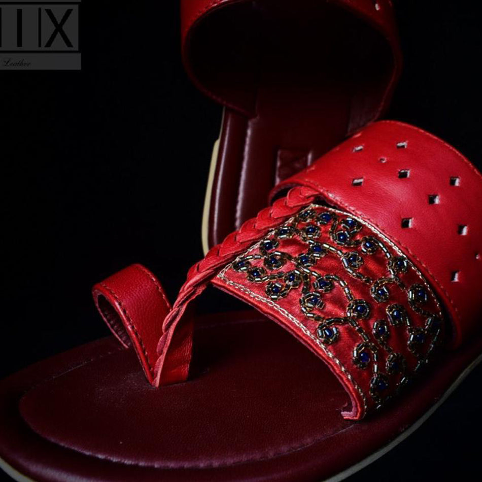 Rejuvenate Red Hand Embroidered (Genuine Leather) kolhapuri Flats