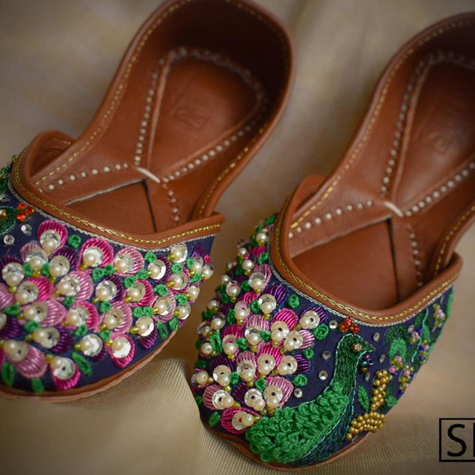 Blue fascinating Khussa with Unique Peacock Design (Genuine Leather)