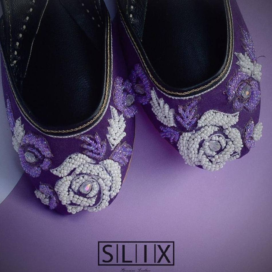 Classy Purple and White Beads Khussa in Pure Leather