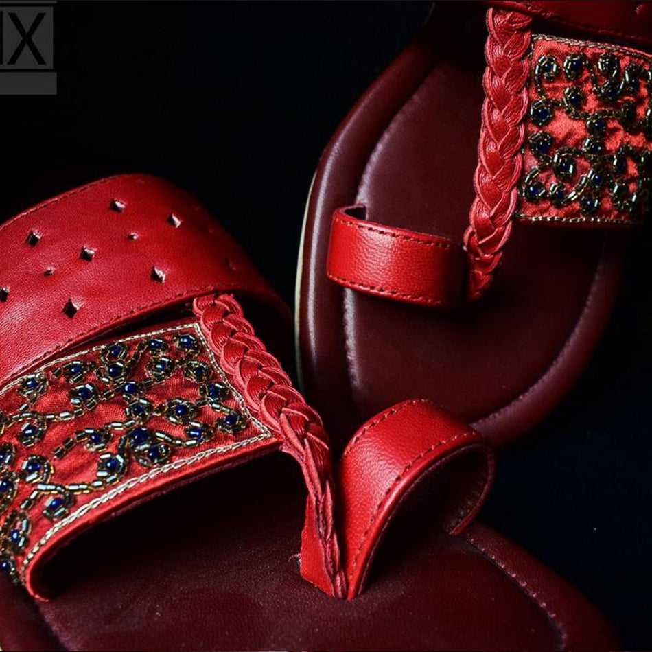 Rejuvenate Red Hand Embroidered (Genuine Leather) kolhapuri Flats