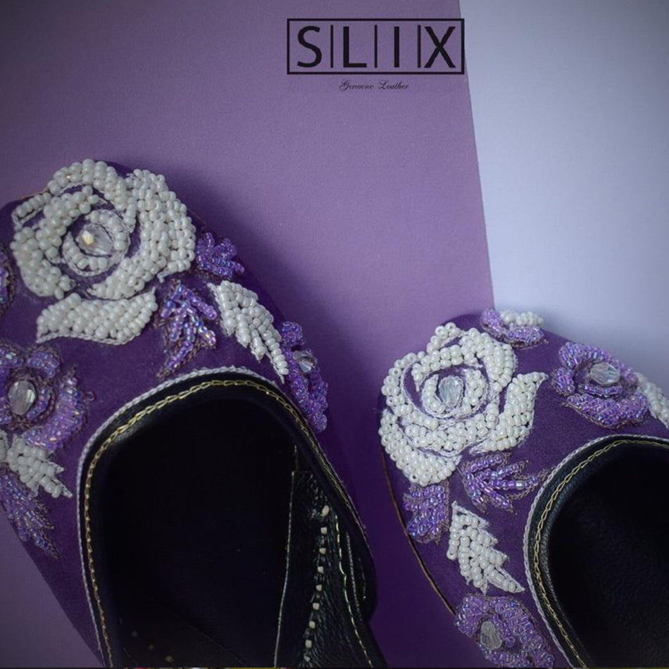 Classy Purple and White Beads Khussa in Pure Leather