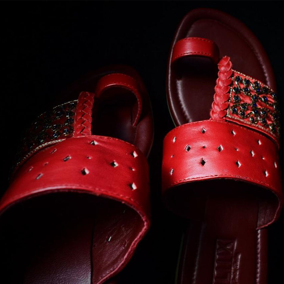 Rejuvenate Red Hand Embroidered (Genuine Leather) kolhapuri Flats
