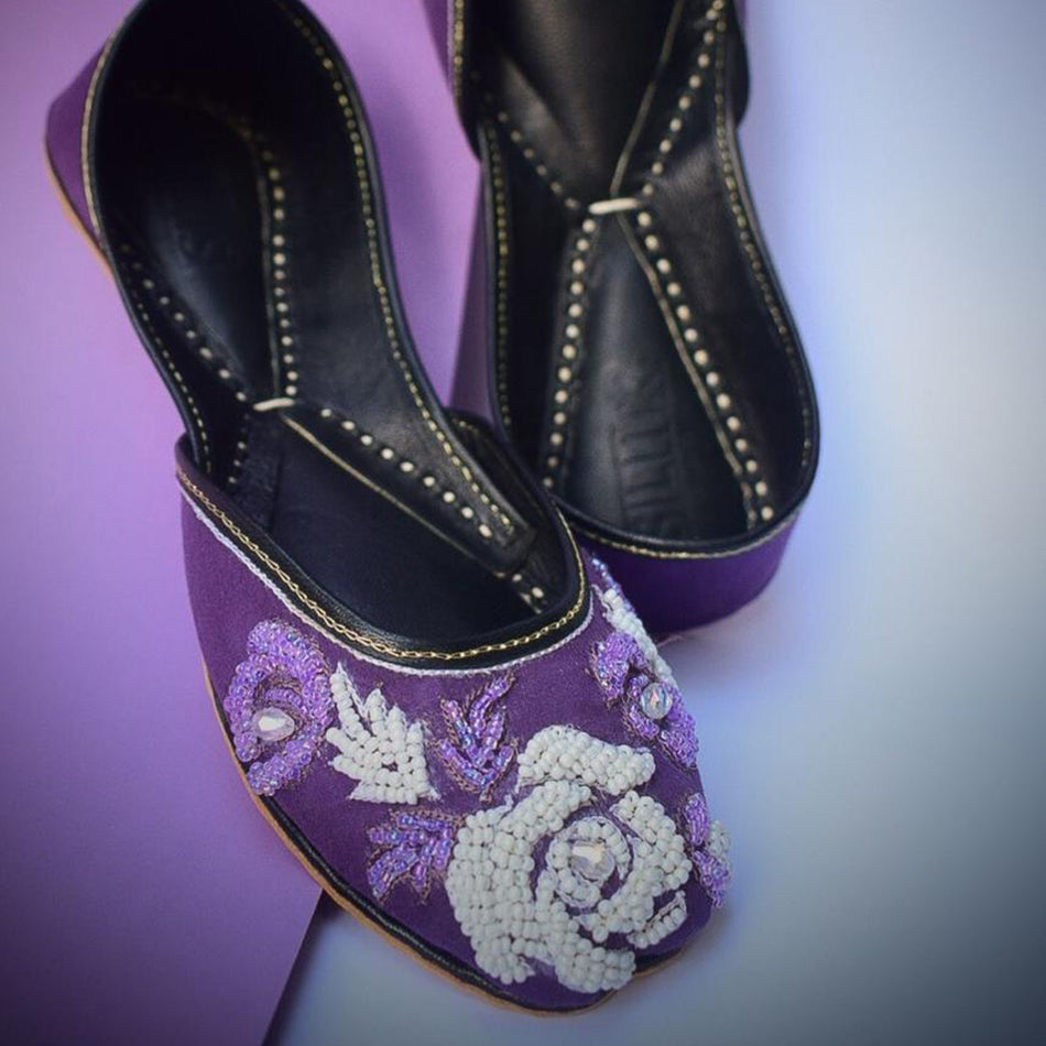 Classy Purple and White Beads Khussa in Pure Leather