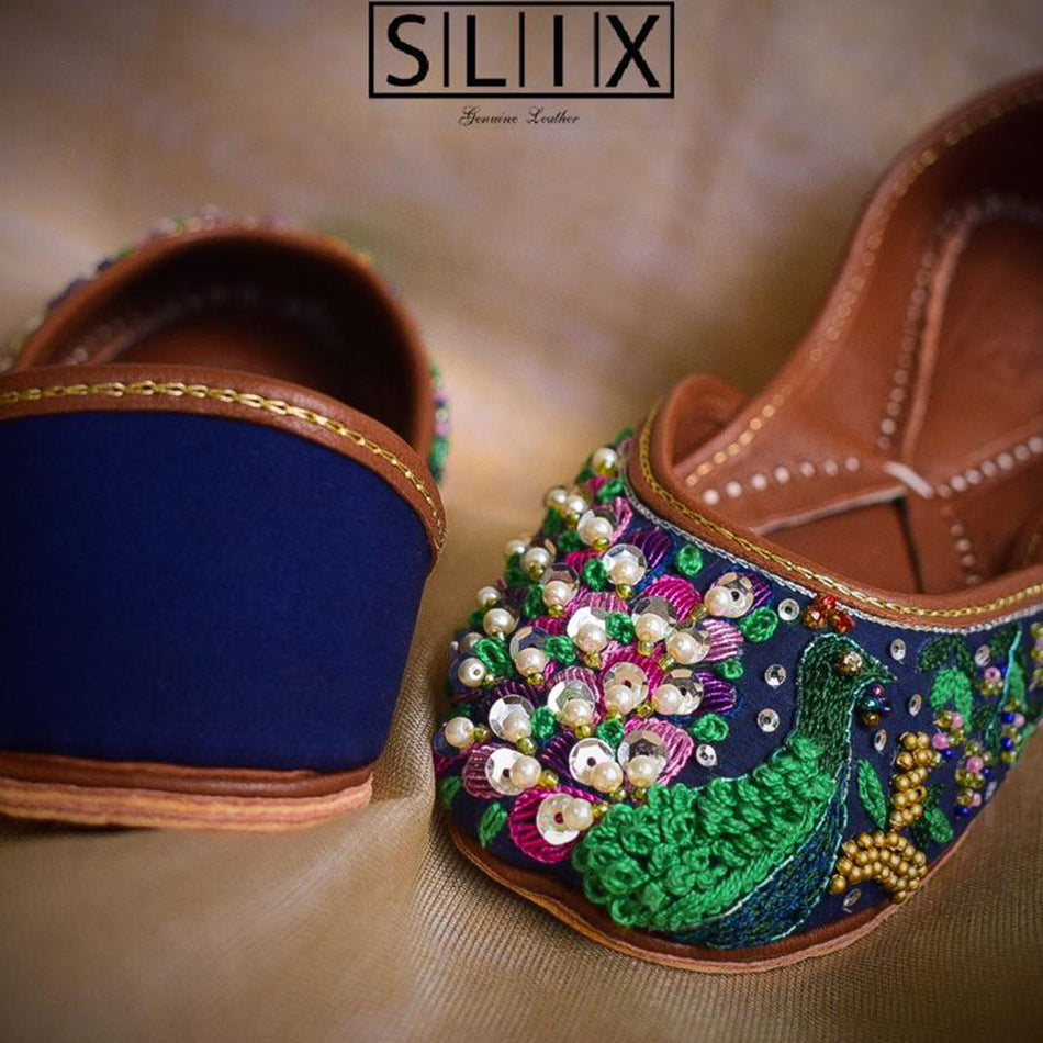 Blue fascinating Khussa with Unique Peacock Design (Genuine Leather)