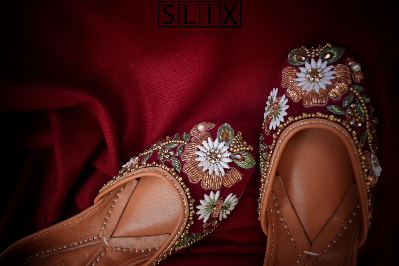 Exclusive Maroon Pair of Khussa with Colourful Beads (Genuine Leather)