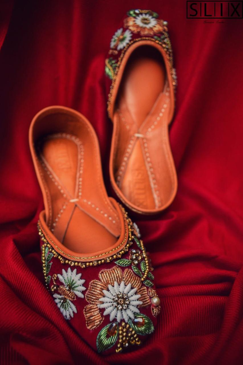Exclusive Maroon Pair of Khussa with Colourful Beads (Genuine Leather)