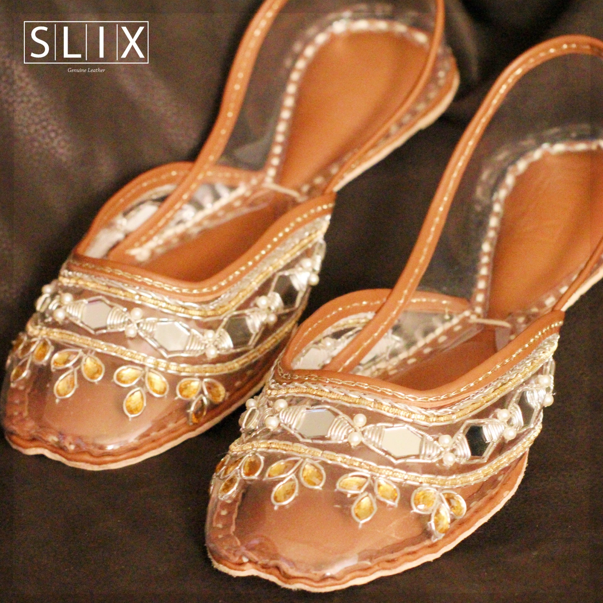 Classy Glassy Pure Leather Khussa with Traditional Mirror Work