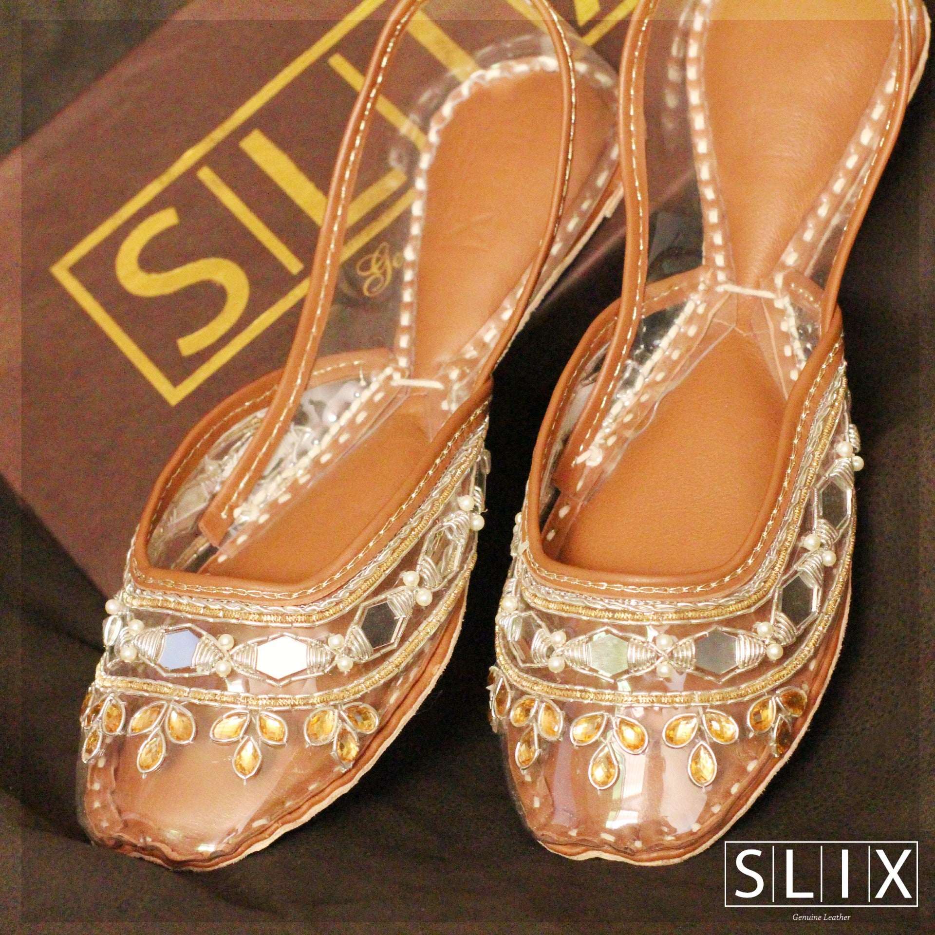 Classy Glassy Pure Leather Khussa with Traditional Mirror Work