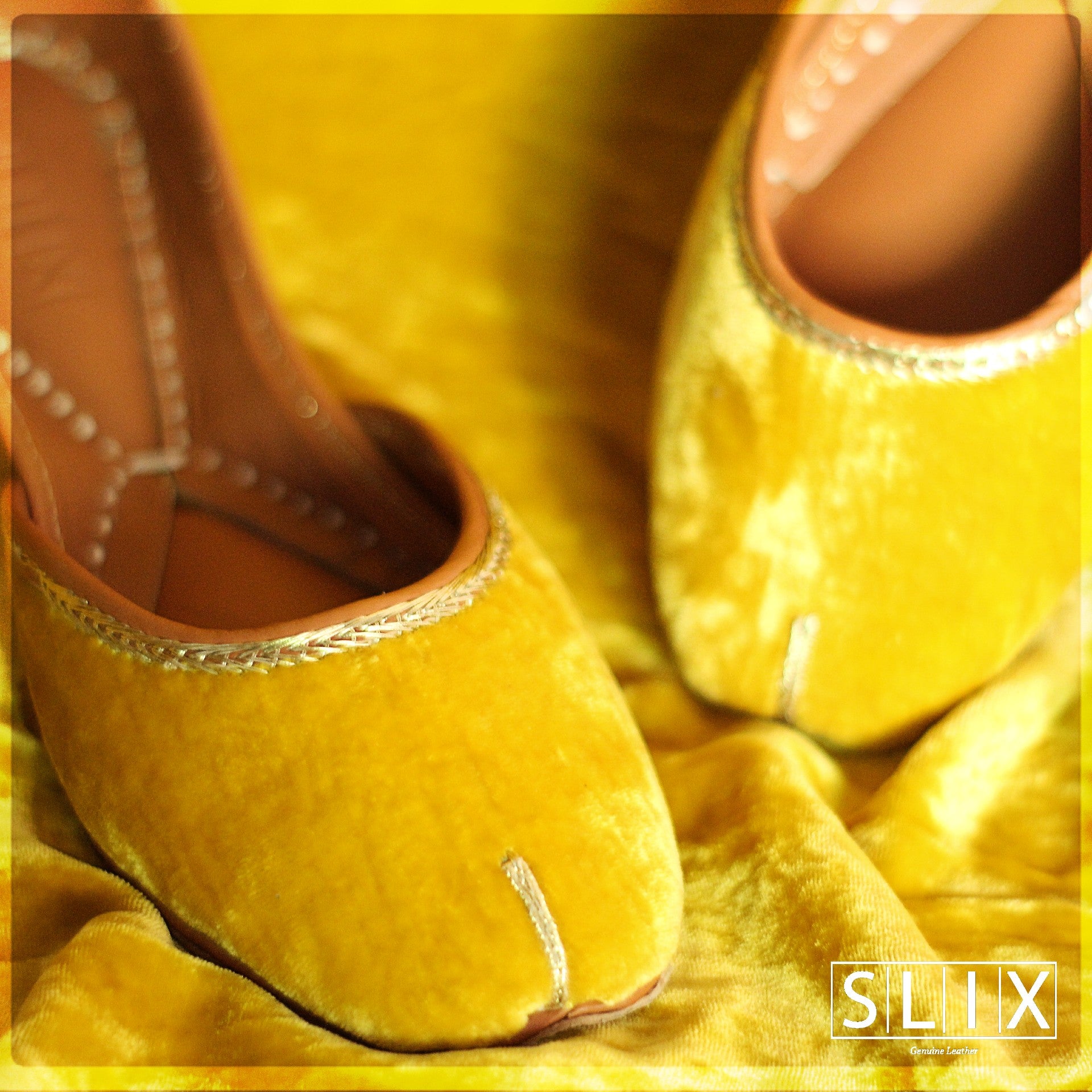 Yellow Khussas in Pure Velvet Fabric (Genuine Leather)