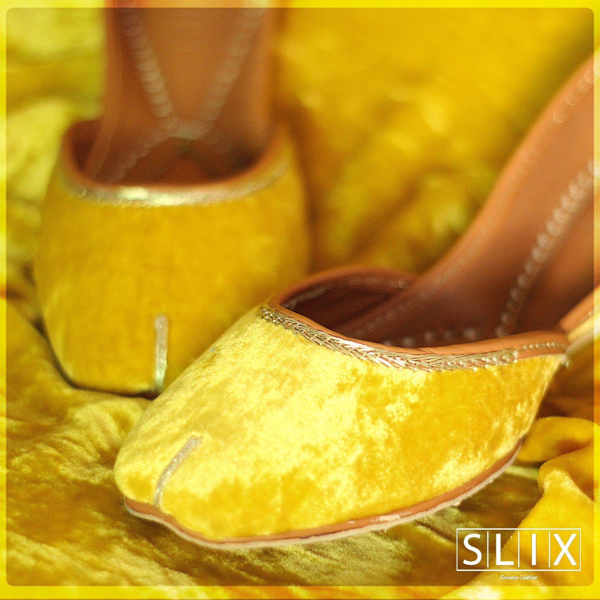 Yellow Khussas in Pure Velvet Fabric (Genuine Leather)