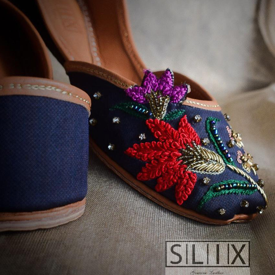 Woolen Red Mauve Flower Hand Embroidered Khussa in Pure Leather