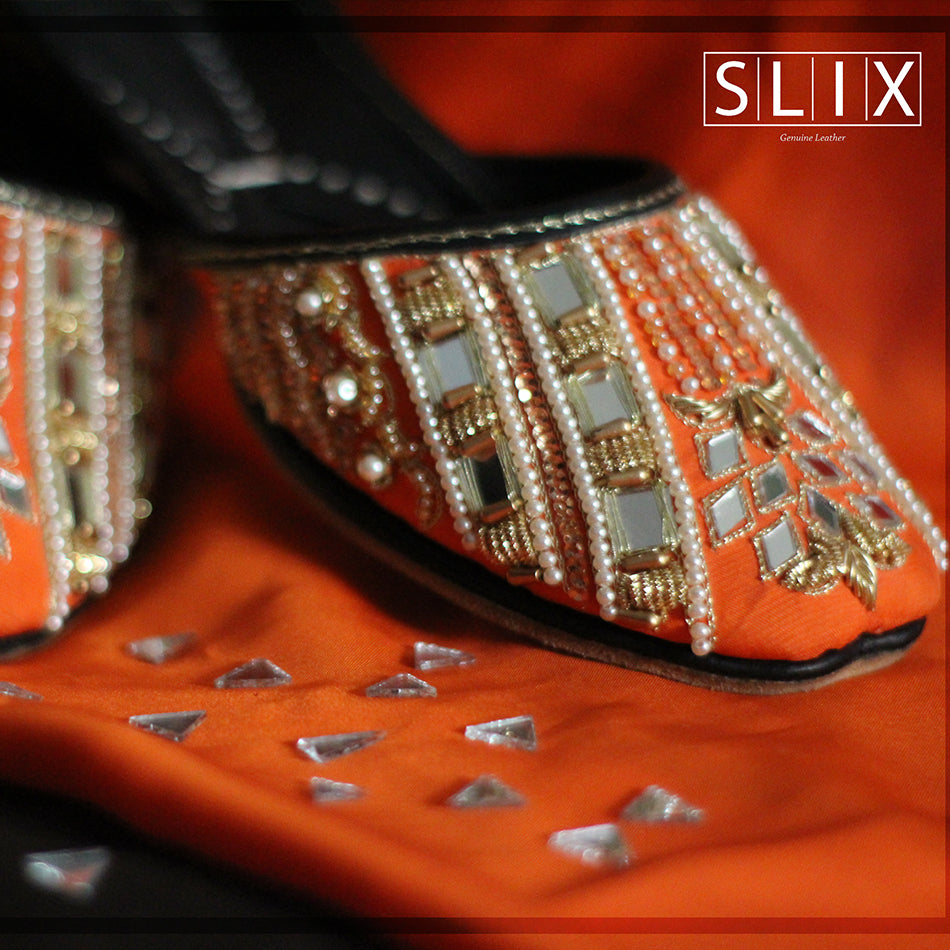 Beautiful Traditional Khussa with Pearls, Mirror Work and Embroidery (Pure Leather)