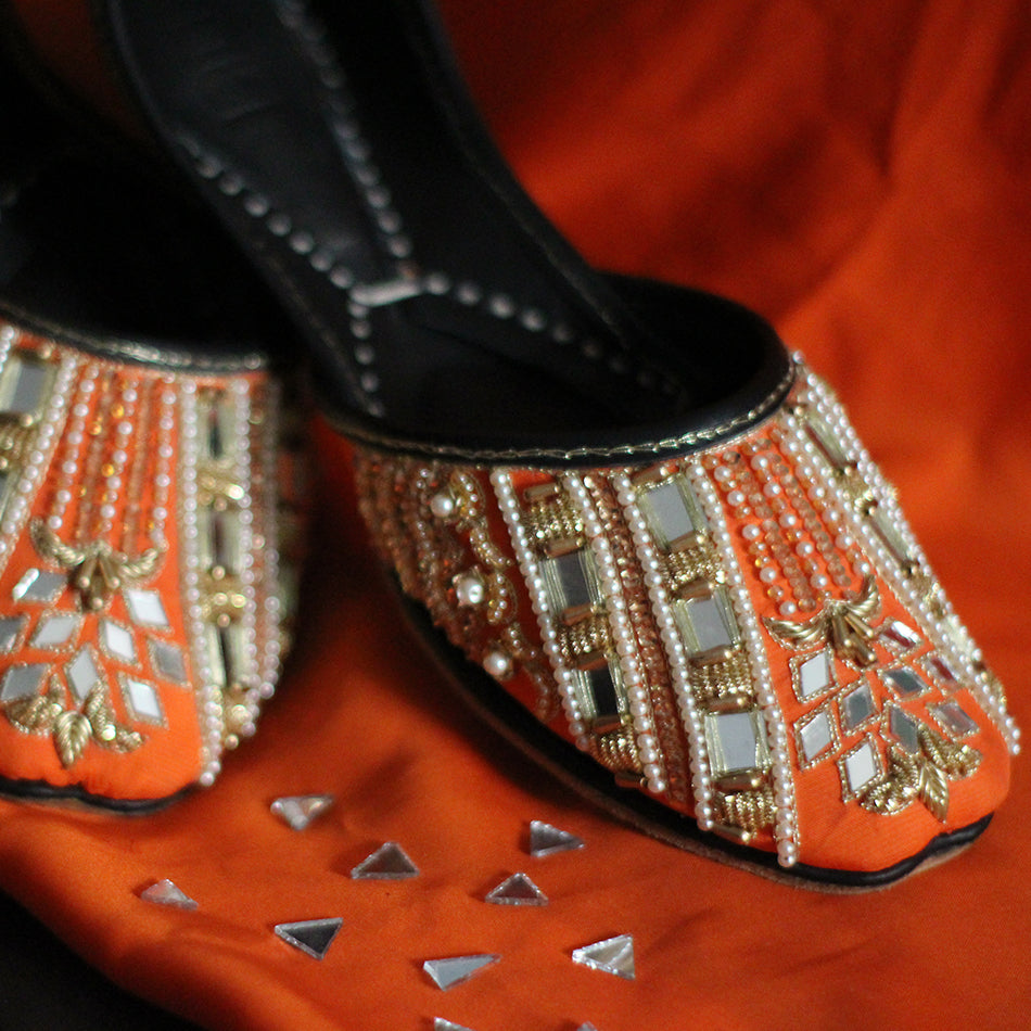 Beautiful Traditional Khussa with Pearls, Mirror Work and Embroidery (Pure Leather)