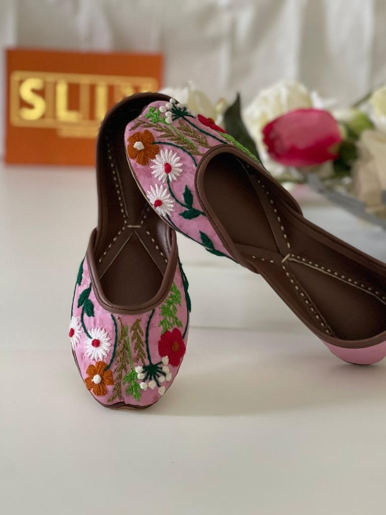 Fashionable Floral Flower Hand Embroidered Khussas in Pure Leather