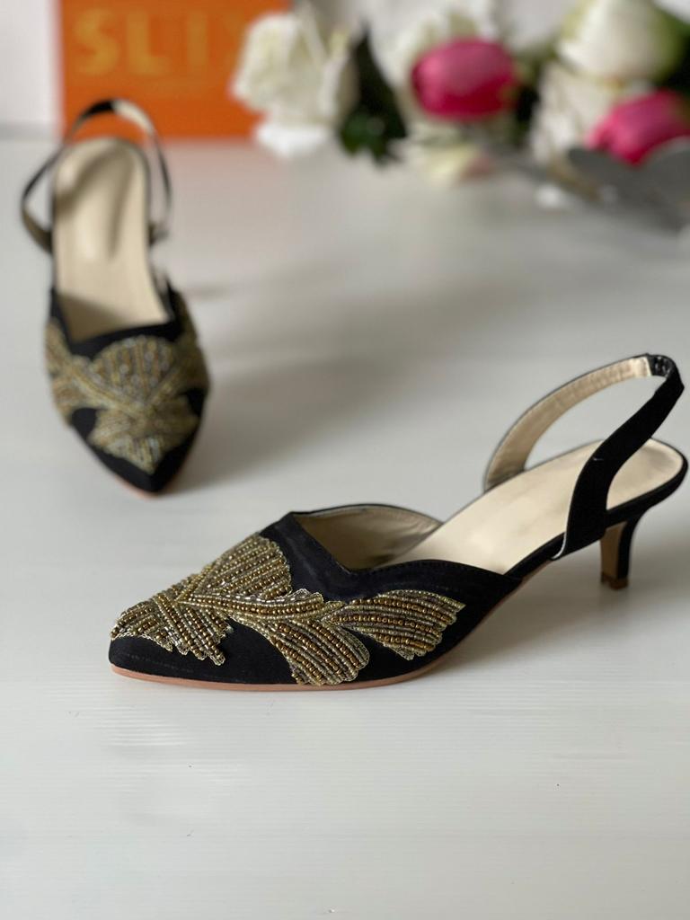 Simple and Elegantly hand Embroidered Heels in Black