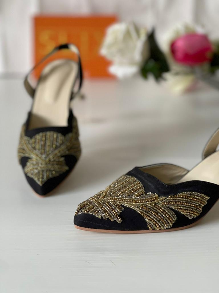 Simple and Elegantly hand Embroidered Heels in Black