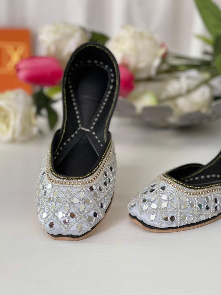 Eye-Catching Mirror Work Pure Leather Khussas in White