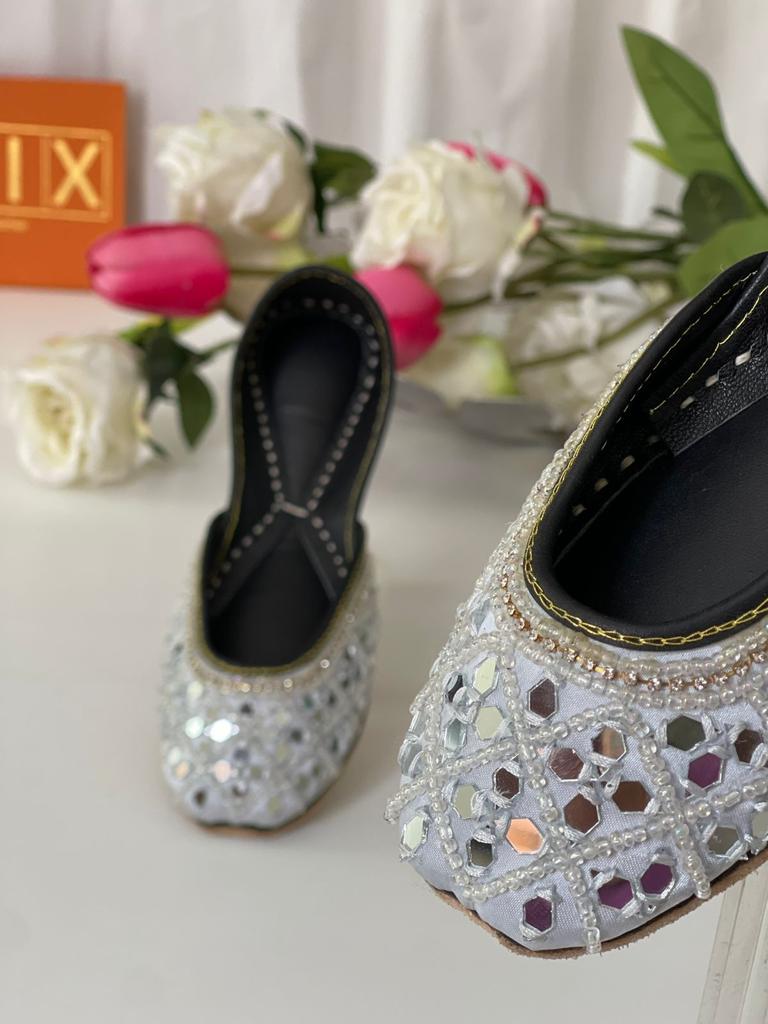 Eye-Catching Mirror Work Pure Leather Khussas in White