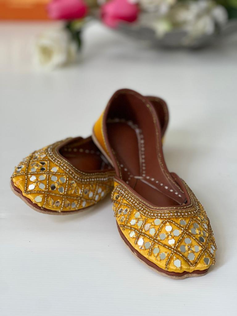 Eye-Catching Mirror Work Pure Leather Khussas in Yellow
