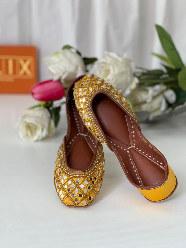 Eye-Catching Mirror Work Pure Leather Khussas in Yellow