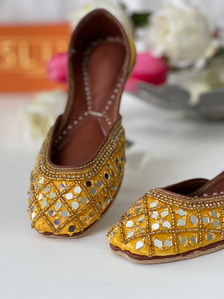 Eye-Catching Mirror Work Pure Leather Khussas in Yellow
