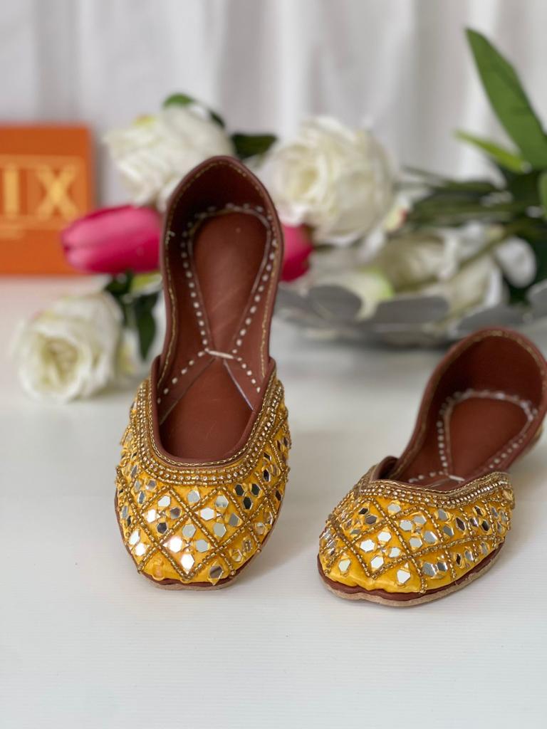 Eye-Catching Mirror Work Pure Leather Khussas in Yellow