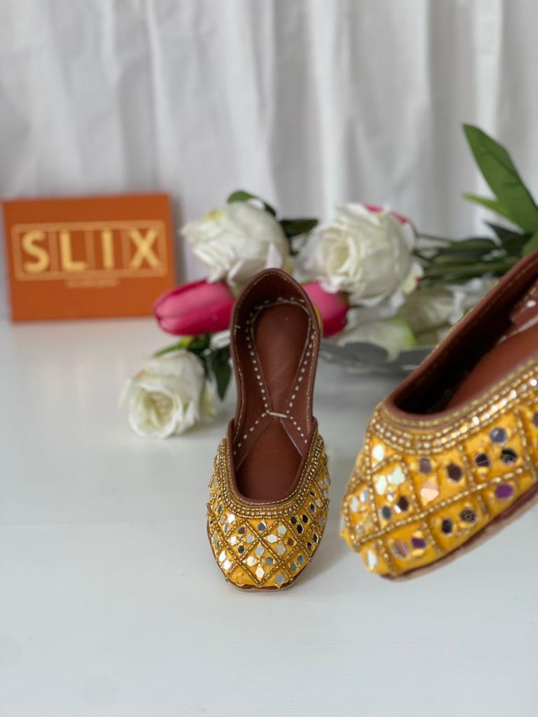 Eye-Catching Mirror Work Pure Leather Khussas in Yellow