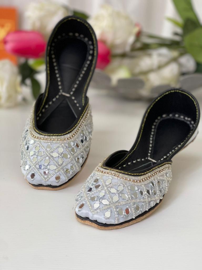 Eye-Catching Mirror Work Pure Leather Khussas in White