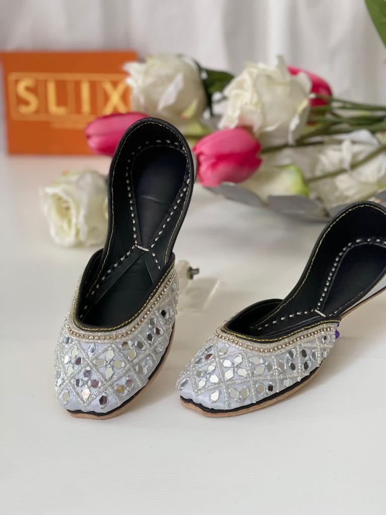 Eye-Catching Mirror Work Pure Leather Khussas in White