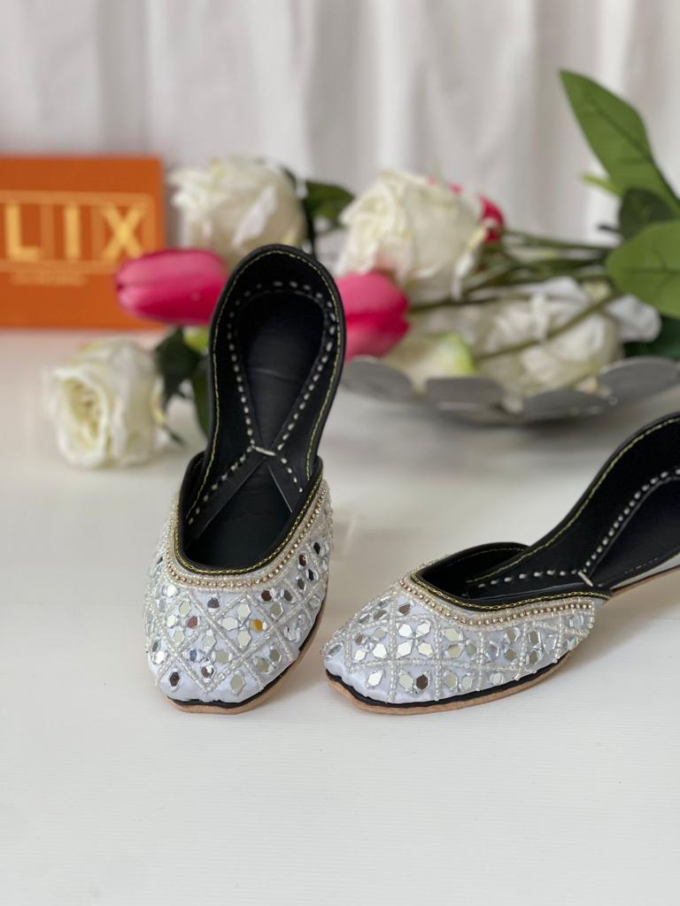 Eye-Catching Mirror Work Pure Leather Khussas in White