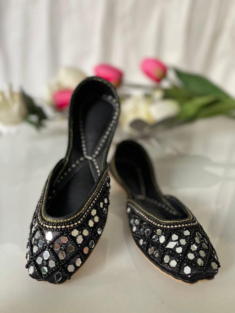 Eye-Catching Mirror Work Pure Leather Khussas in Black