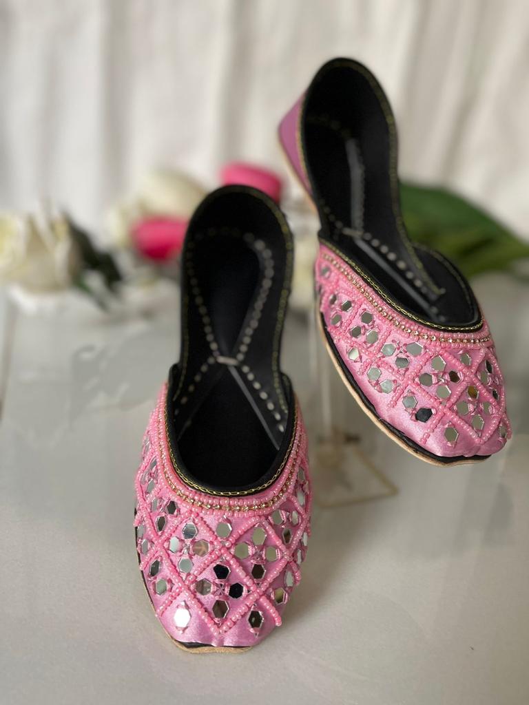 Eye-Catching Mirror Work Pure Leather Khussas in Pink