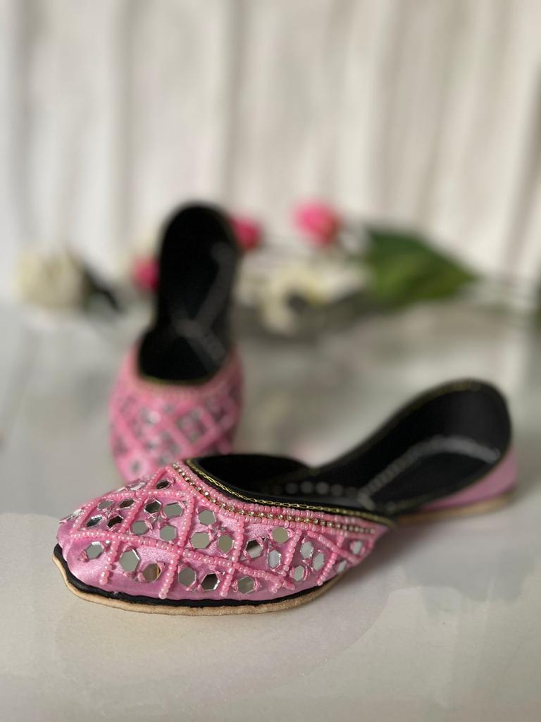 Eye-Catching Mirror Work Pure Leather Khussas in Pink