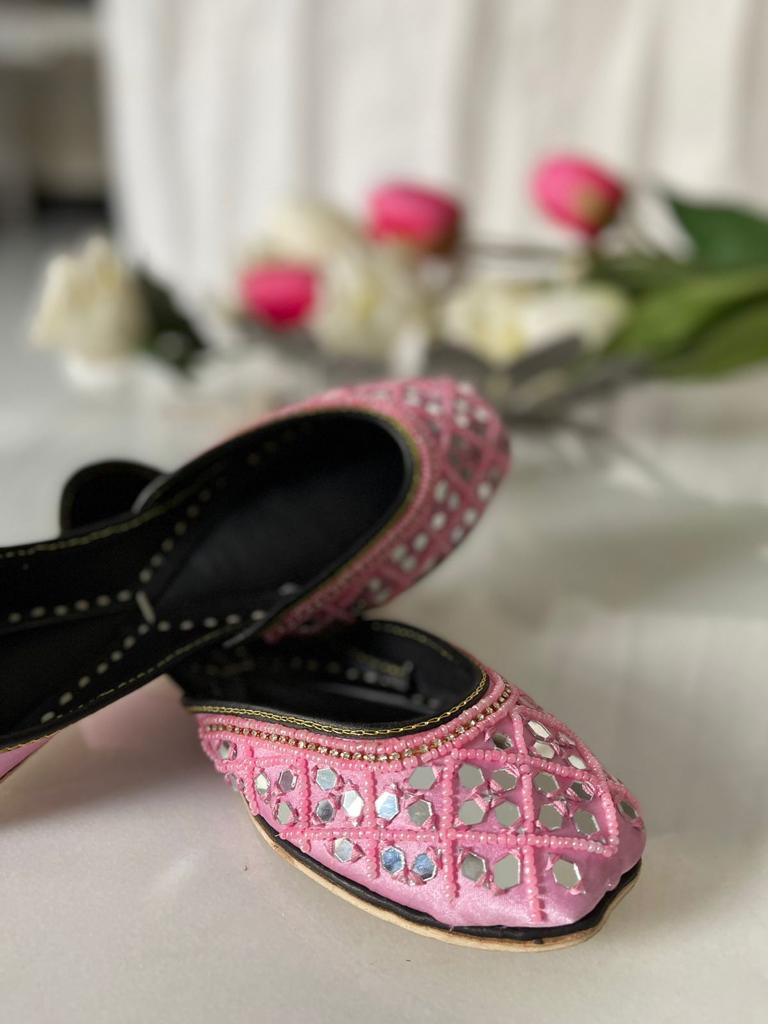 Eye-Catching Mirror Work Pure Leather Khussas in Pink