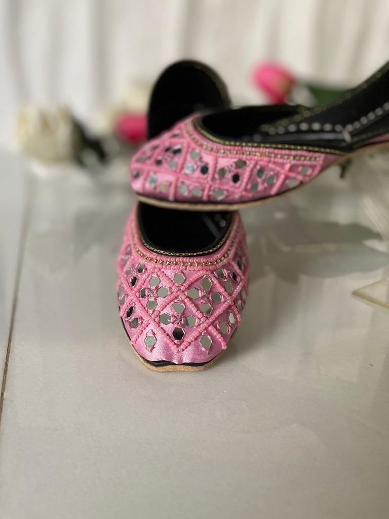 Eye-Catching Mirror Work Pure Leather Khussas in Pink