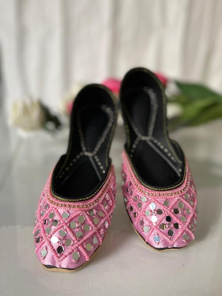 Eye-Catching Mirror Work Pure Leather Khussas in Pink