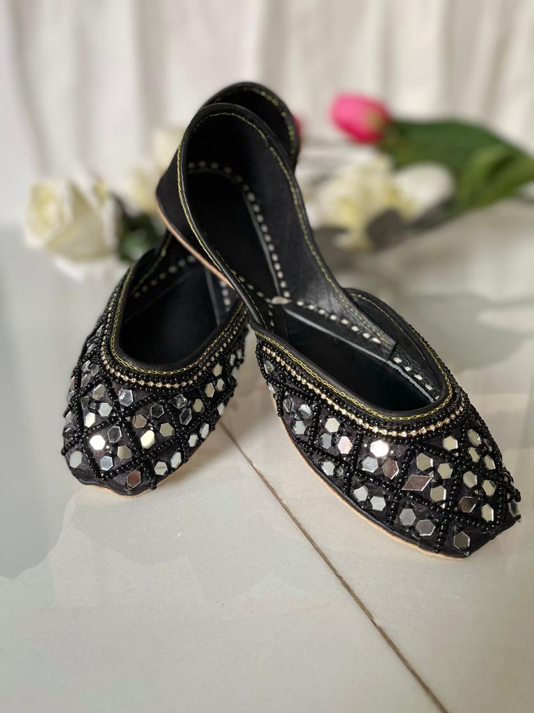 Eye-Catching Mirror Work Pure Leather Khussas in Black