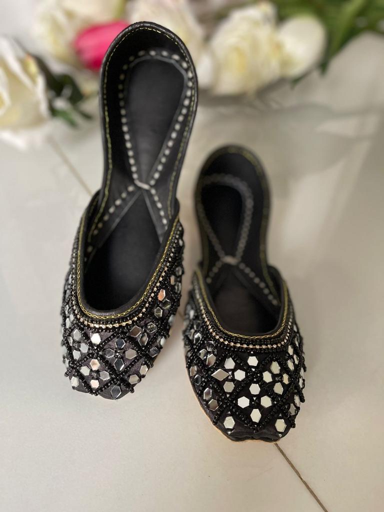 Eye-Catching Mirror Work Pure Leather Khussas in Black