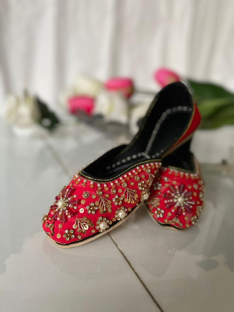 Lovely Beads Work Red Khussas Perfect for Festivals in Pure Leather