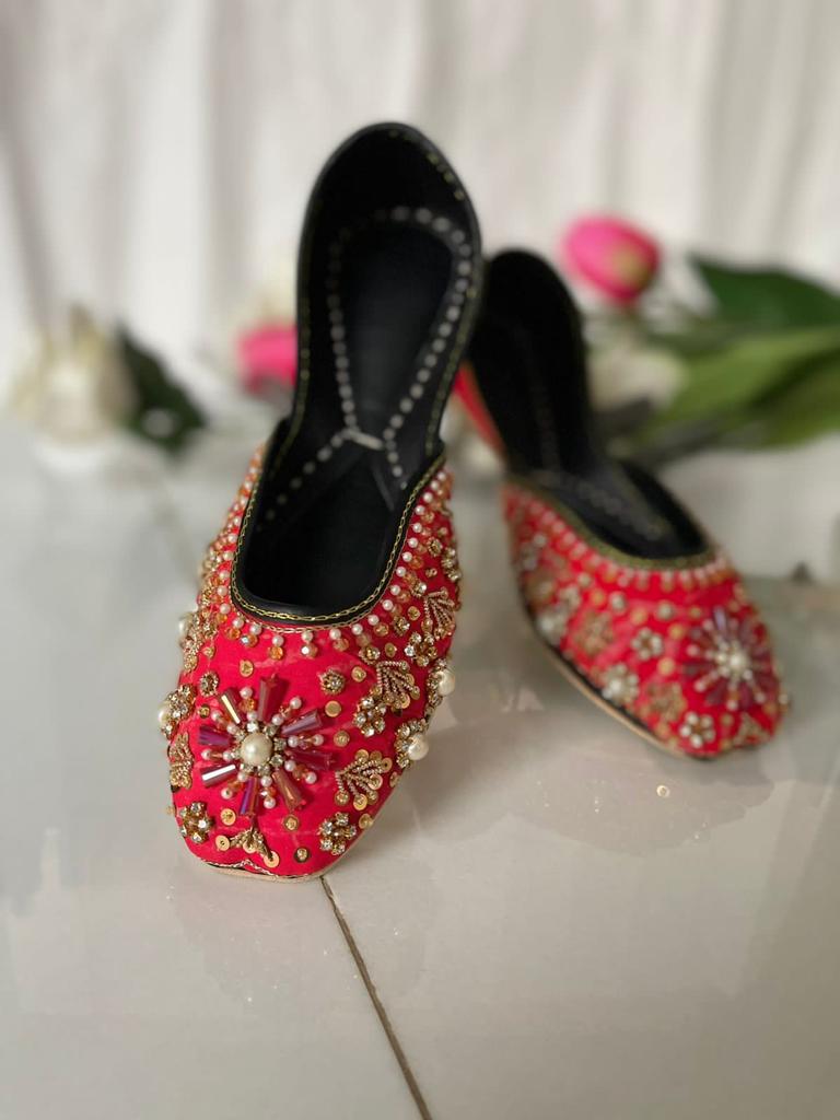 Lovely Beads Work Red Khussas Perfect for Festivals in Pure Leather