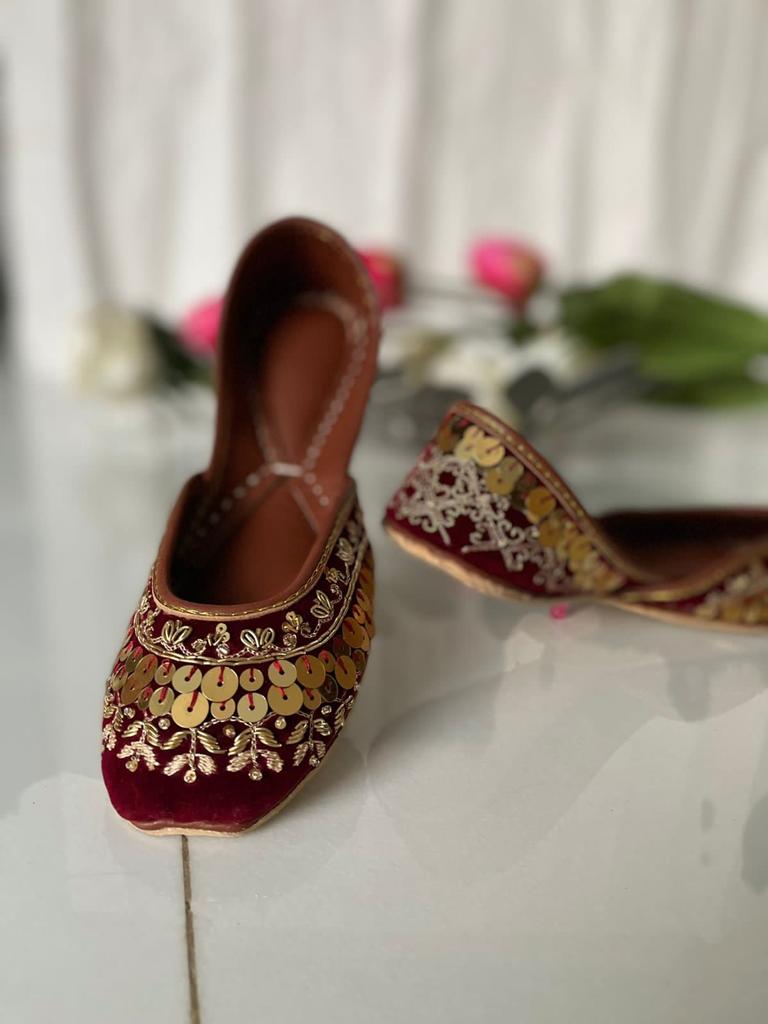 Lovely Mehroon Colored Khussas in Pure Leather