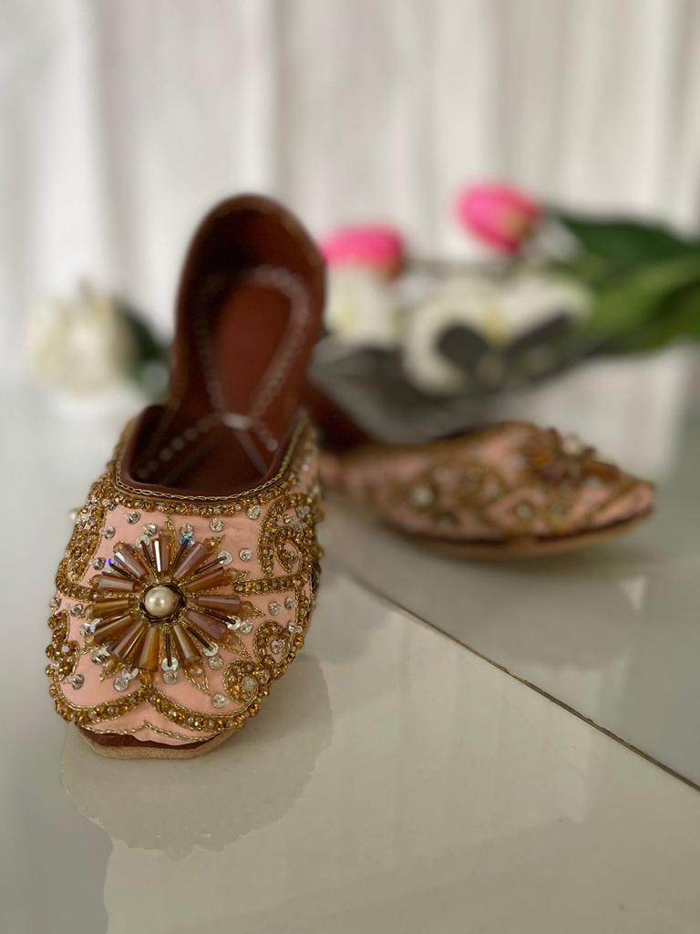 Lovely Beads Work Peachy Pink Khussas Perfect for Festivals in Pure Leather