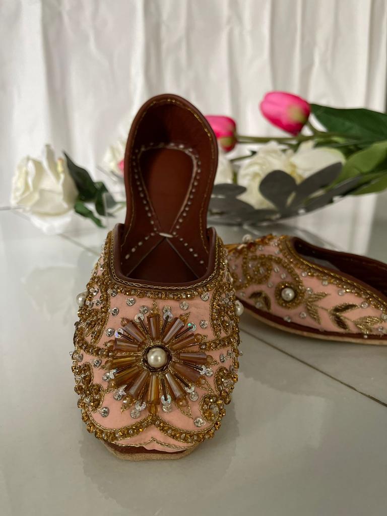 Lovely Beads Work Peachy Pink Khussas Perfect for Festivals in Pure Leather