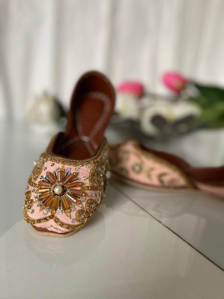 Lovely Beads Work Peachy Pink Khussas Perfect for Festivals in Pure Leather