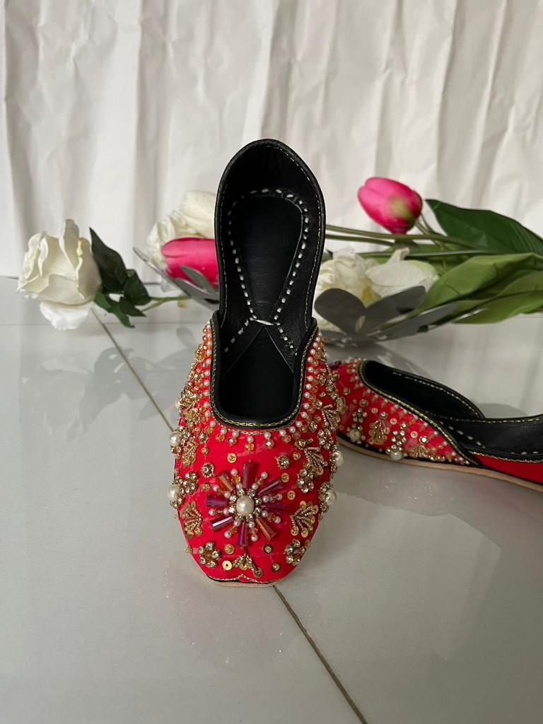 Lovely Beads Work Red Khussas Perfect for Festivals in Pure Leather