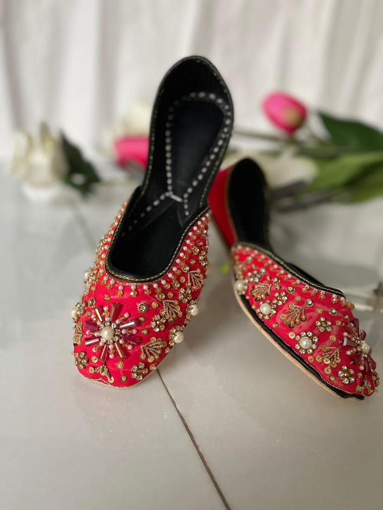 Lovely Beads Work Red Khussas Perfect for Festivals in Pure Leather