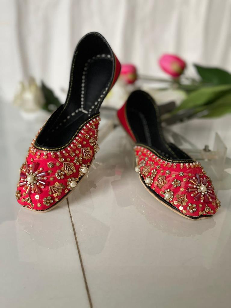 Lovely Beads Work Red Khussas Perfect for Festivals in Pure Leather
