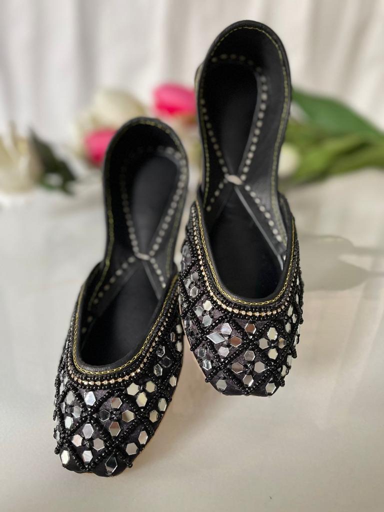 Eye-Catching Mirror Work Pure Leather Khussas in Black
