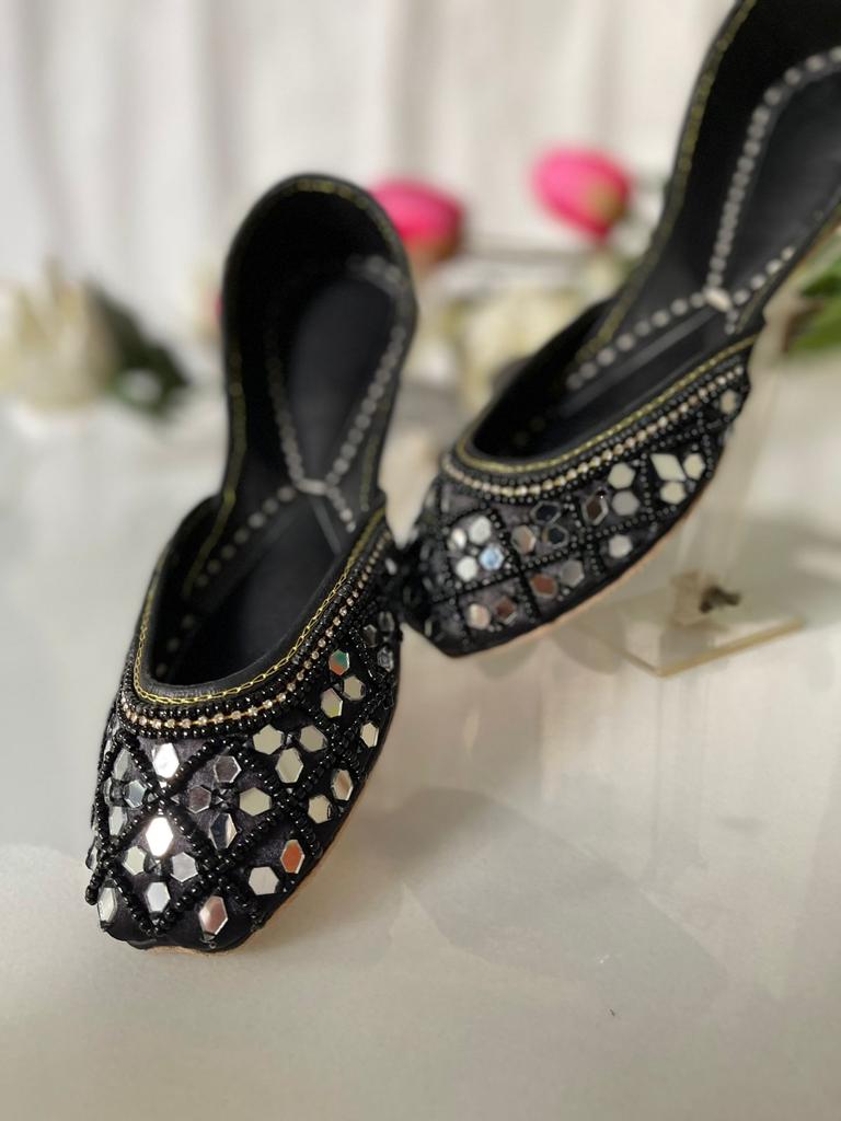 Eye-Catching Mirror Work Pure Leather Khussas in Black